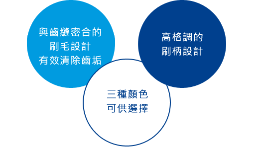 與齒縫密合的刷毛設計有效清除齒垢  高格調的刷柄設計 三種顏色可供選擇